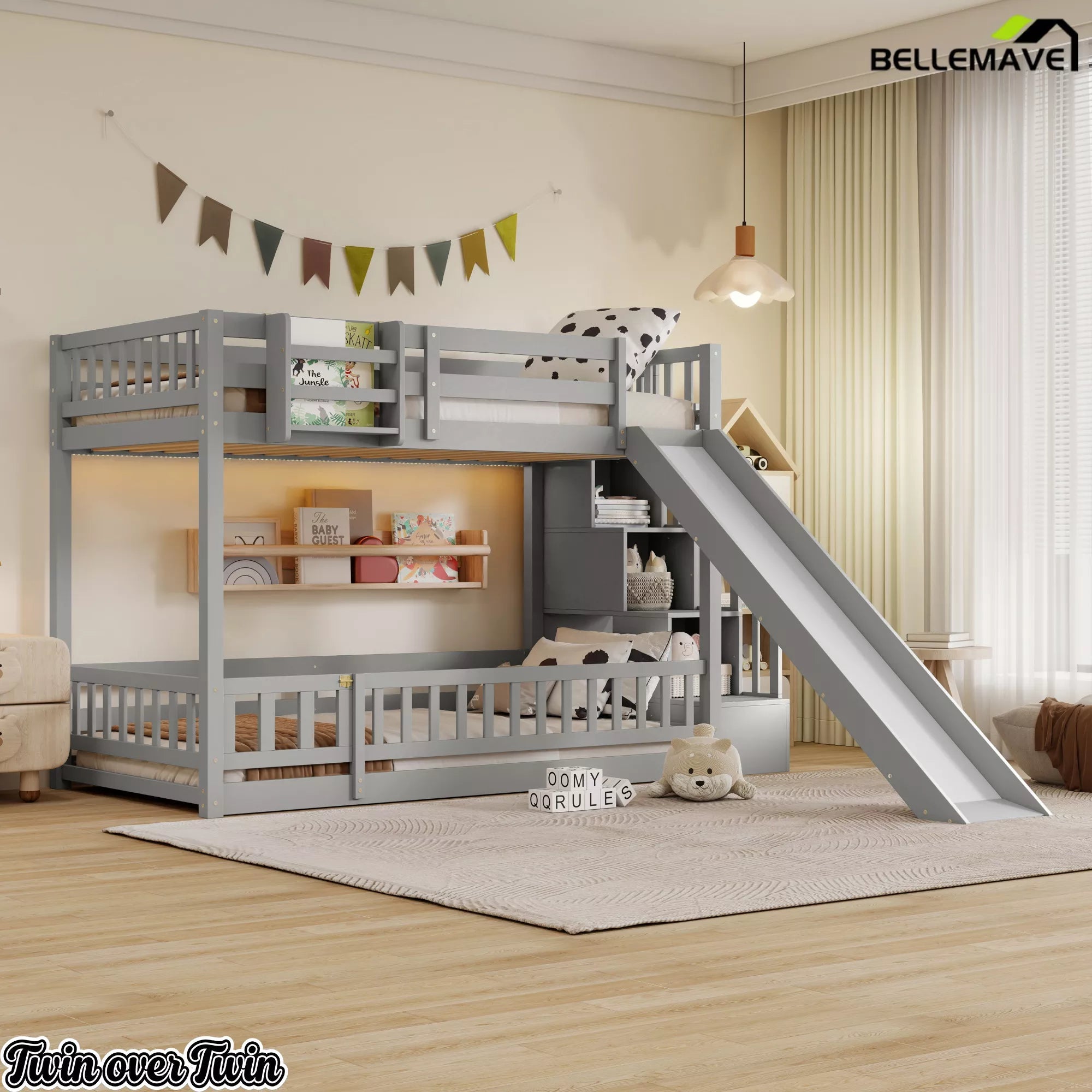 Gray twin over twin bunk bed with slide and storage stairs in a bedroom