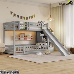 Gray twin over twin bunk bed with slide and storage stairs in a bedroom