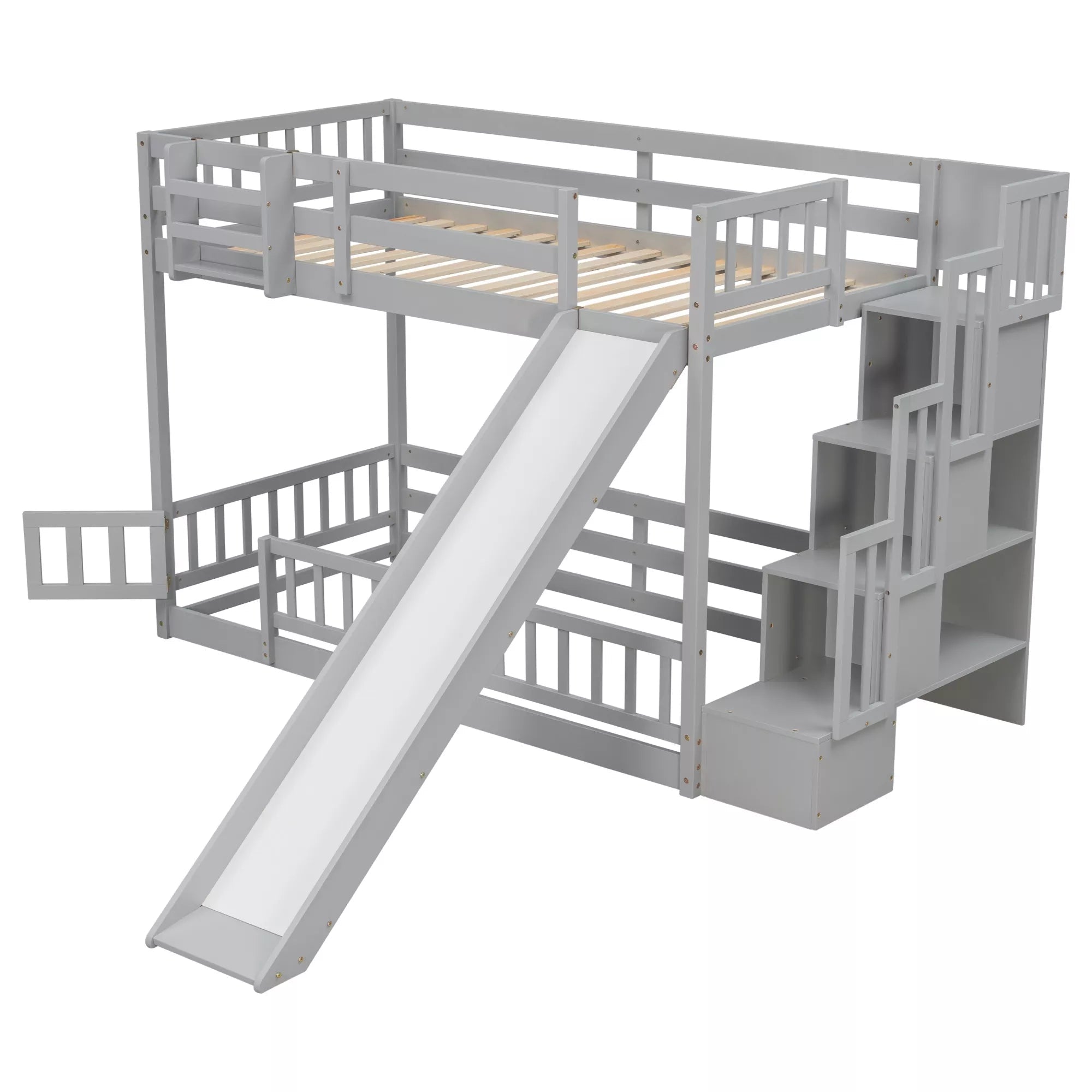 Gray twin over twin bunk bed with slide and storage stairs viewed from the front corner