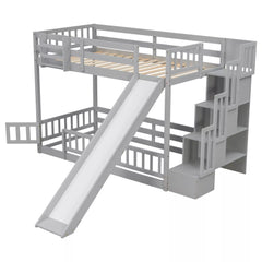 Gray twin over twin bunk bed with slide and storage stairs viewed from the front corner
