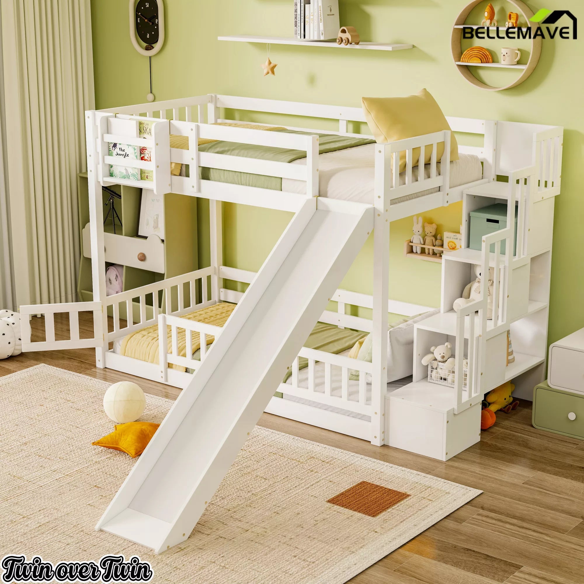 Angled view of white twin over twin bunk bed with slide and storage staircase
