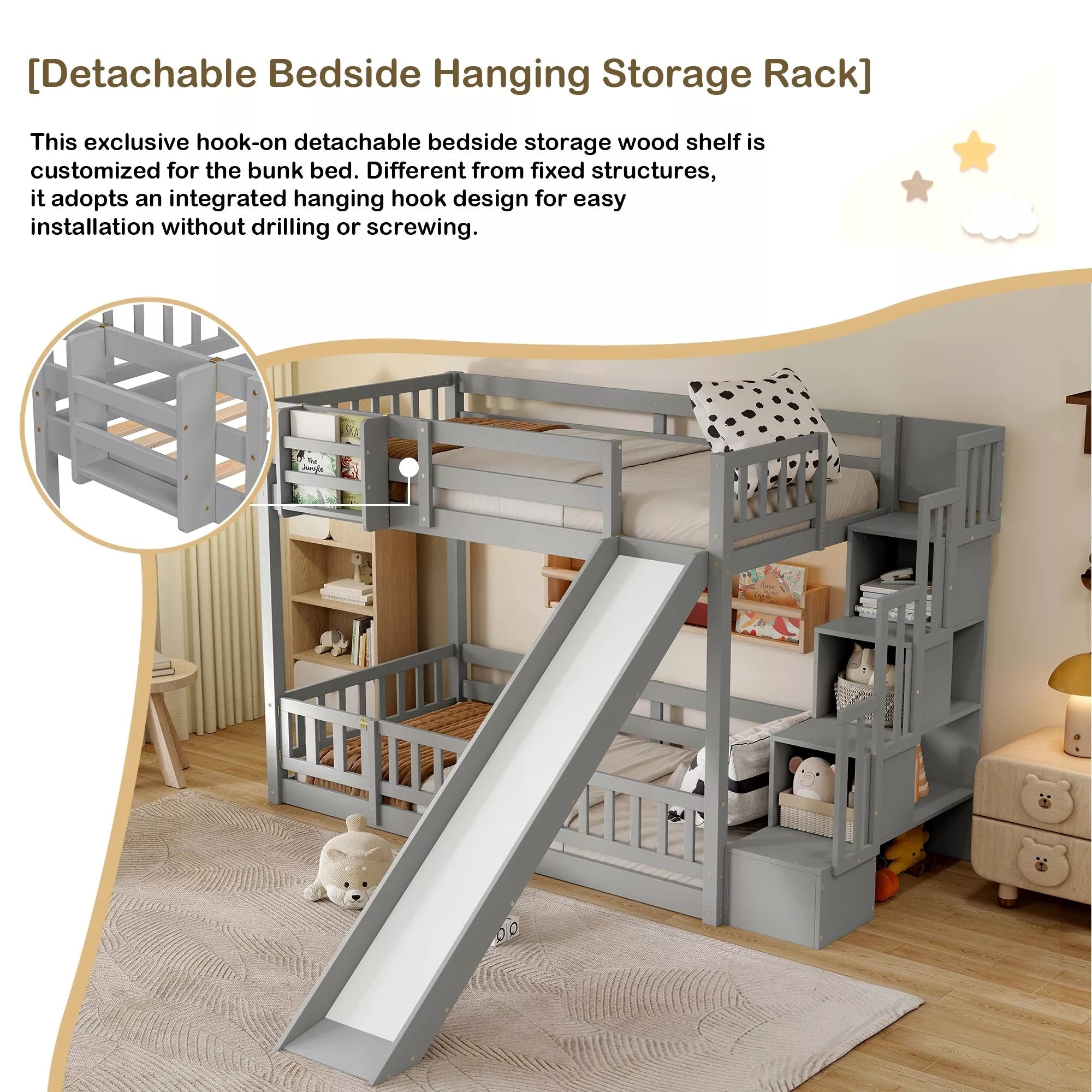 Gray bunk bed with slide and detachable bedside hanging storage rack