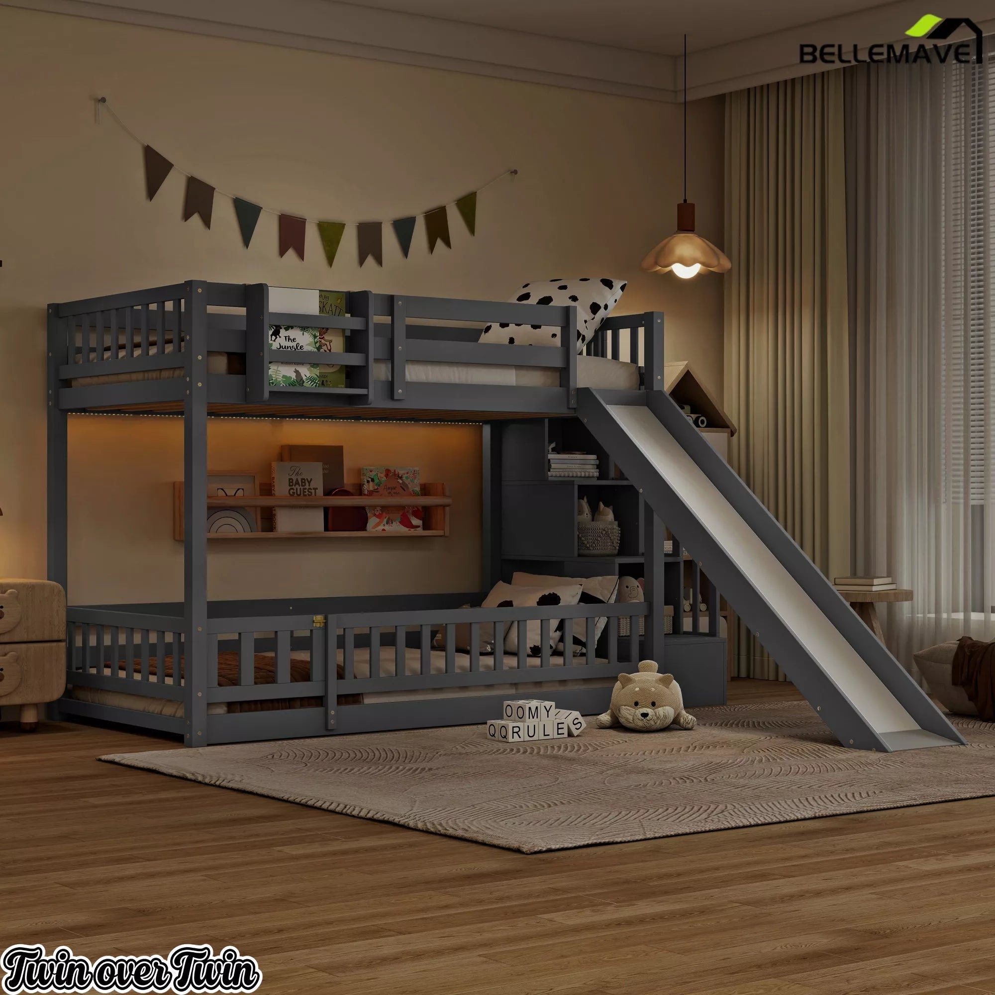 Gray twin over twin bunk bed with slide in a dimly lit bedroom