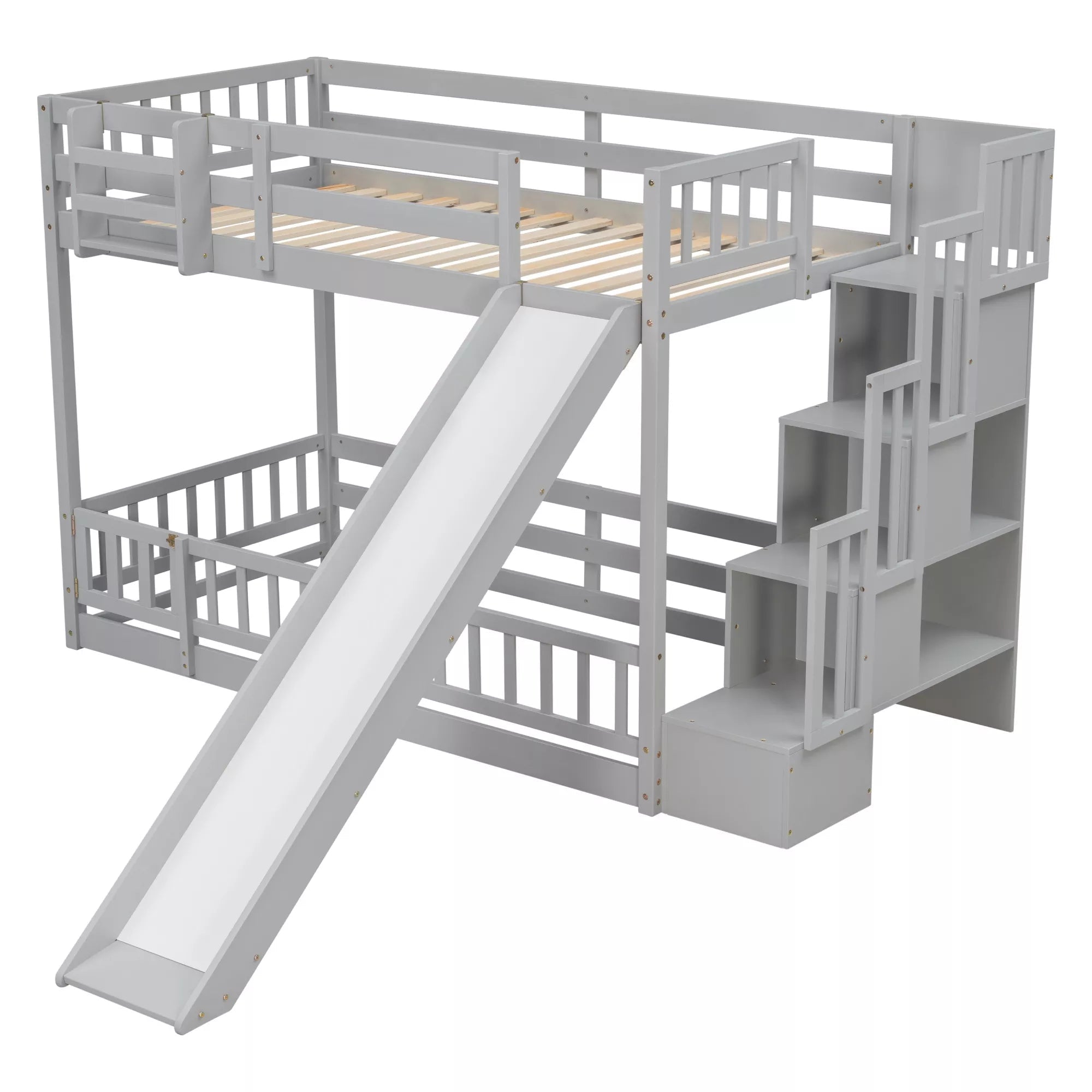 Three-quarter view of gray twin over twin bunk bed with slide, wooden slats and storage staircase
