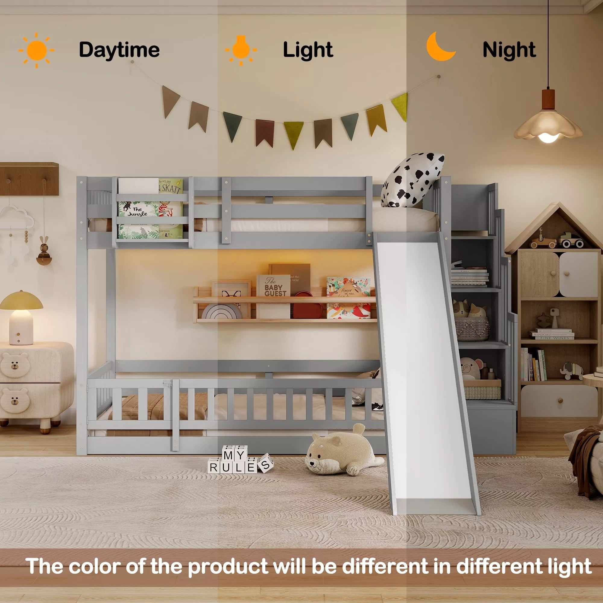 Gray twin over twin bunk bed showing LED lighting in different lighting conditions