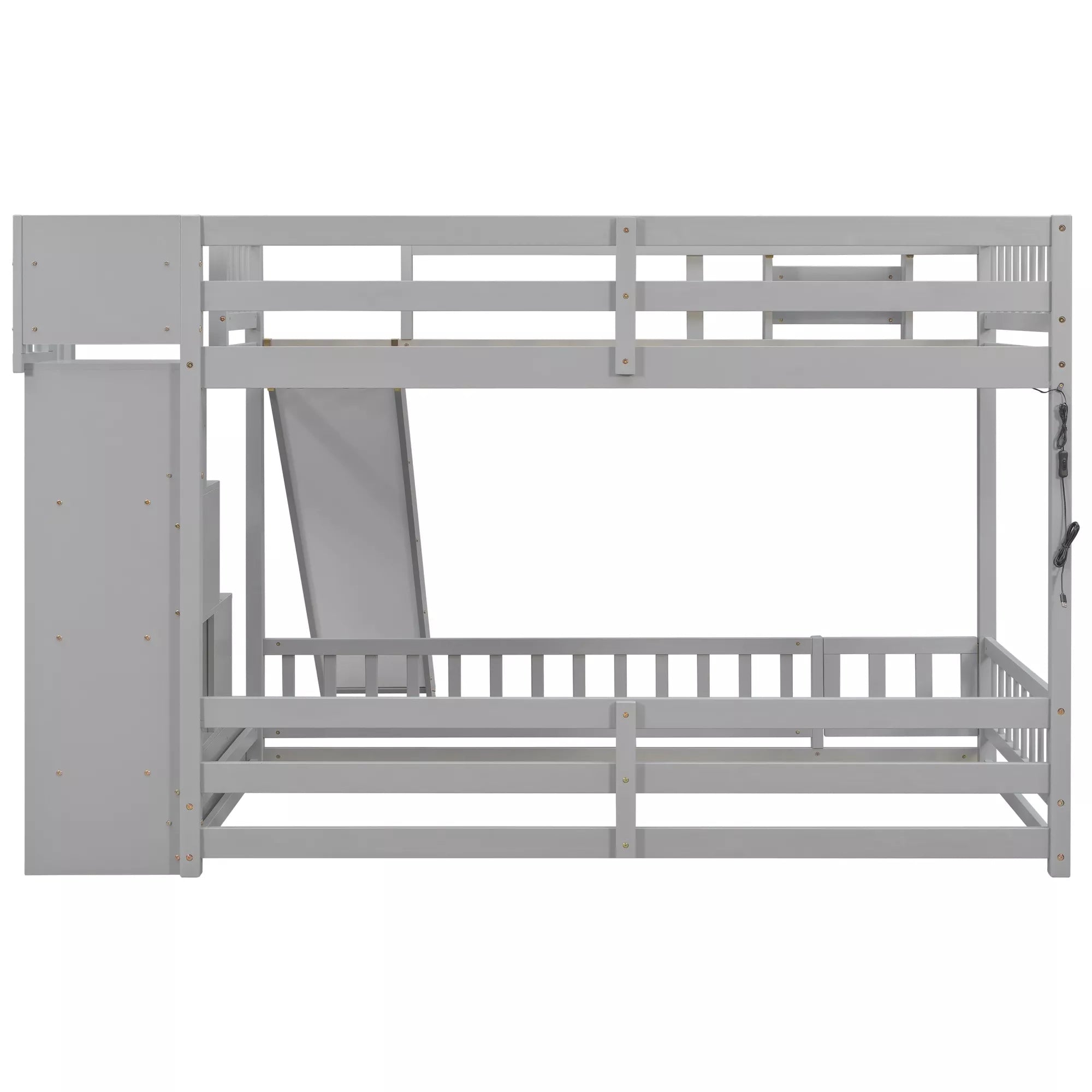 Side view of gray twin over twin bunk bed with upper and lower guardrails and storage staircase
