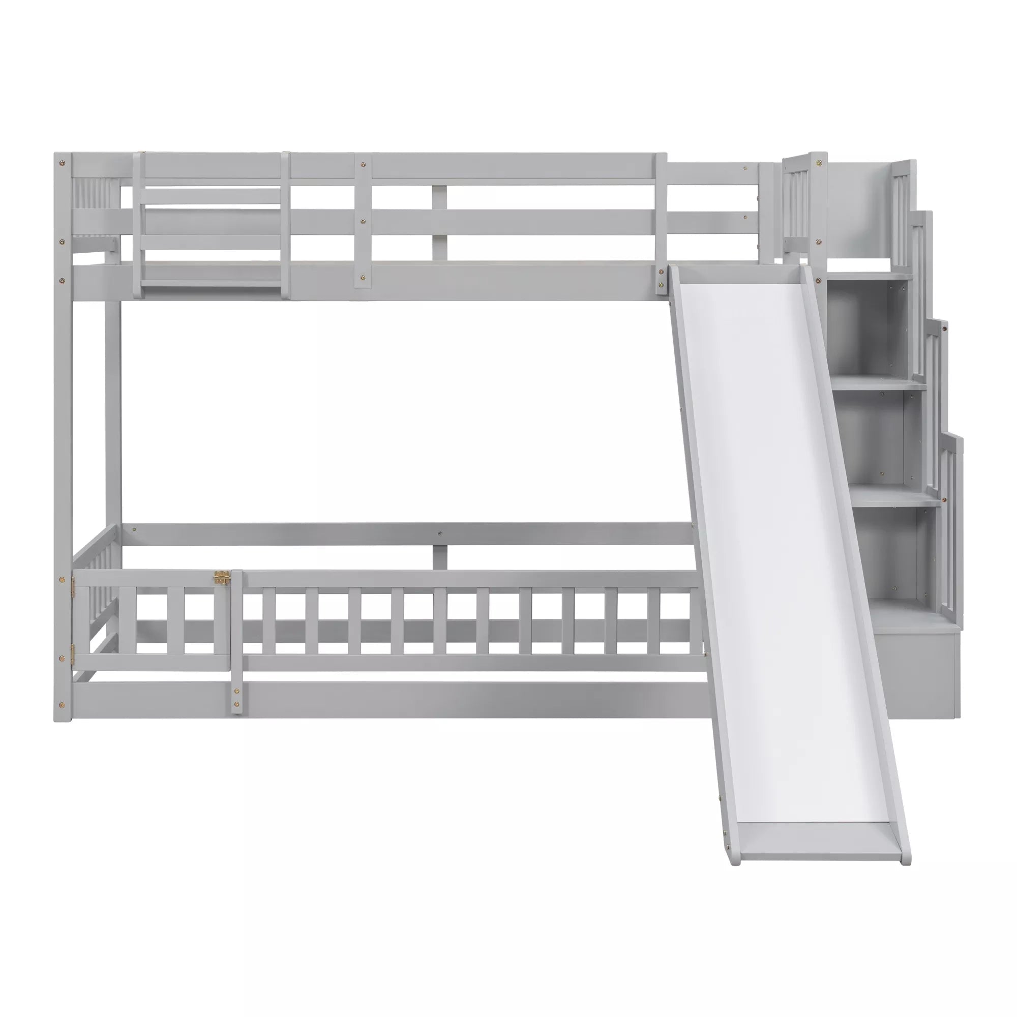 Front view of gray twin over twin bunk bed with slide and storage staircase