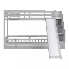 Front view of gray twin over twin bunk bed with slide and storage staircase