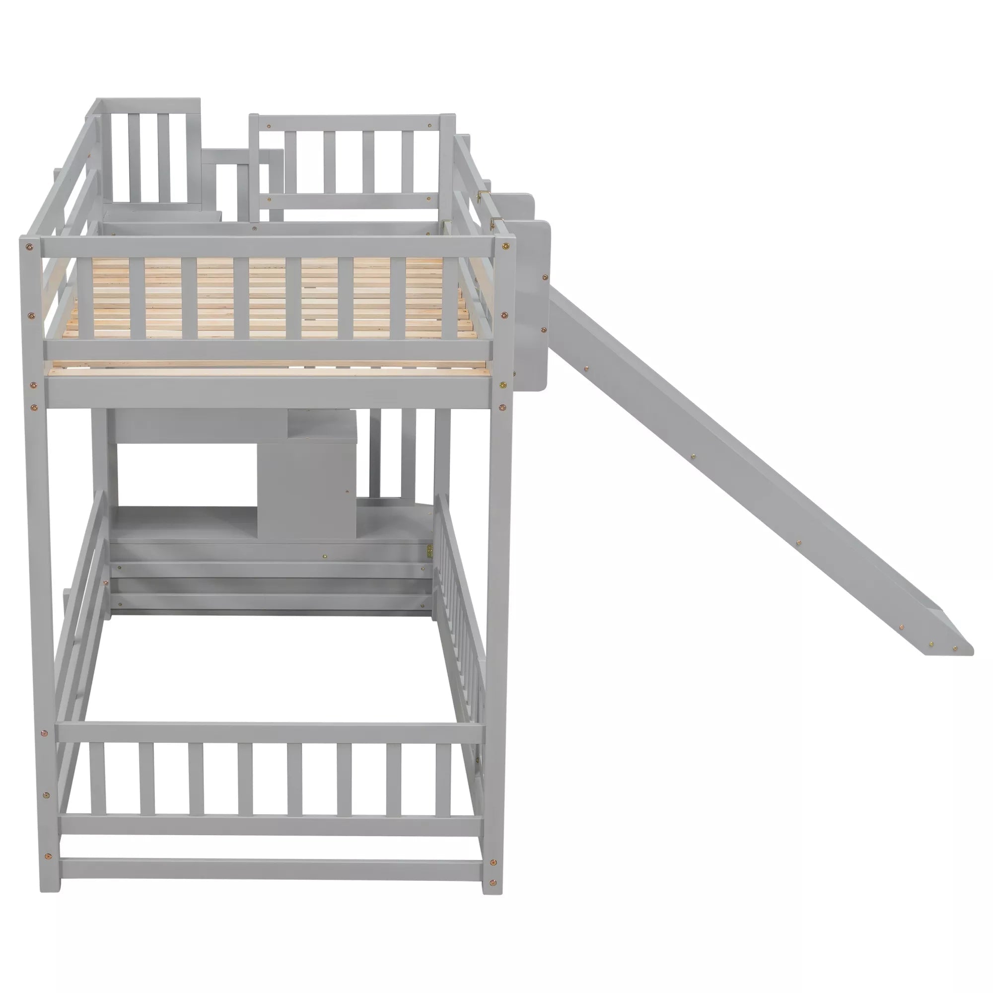 End view of gray twin over twin bunk bed with slide and upper bunk guardrails