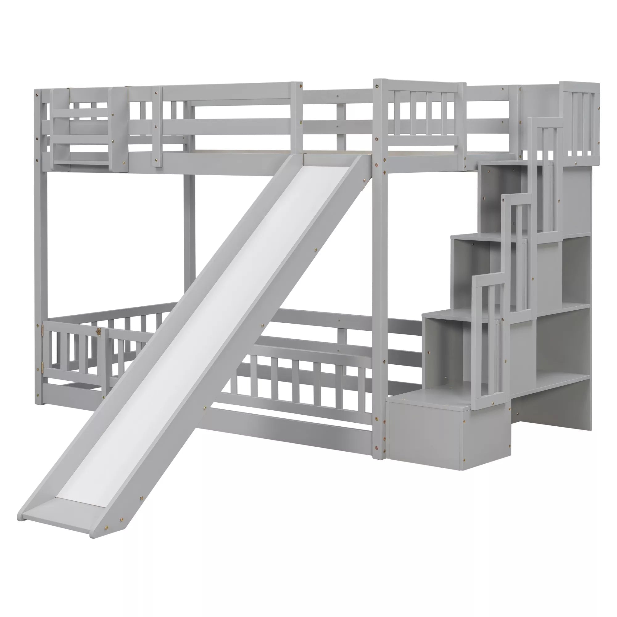 Angled front view of gray twin over twin bunk bed with slide and built-in storage stairs