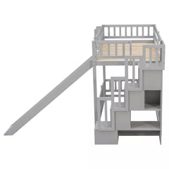 Angled end view of gray twin over twin bunk bed showing the slide and staircase