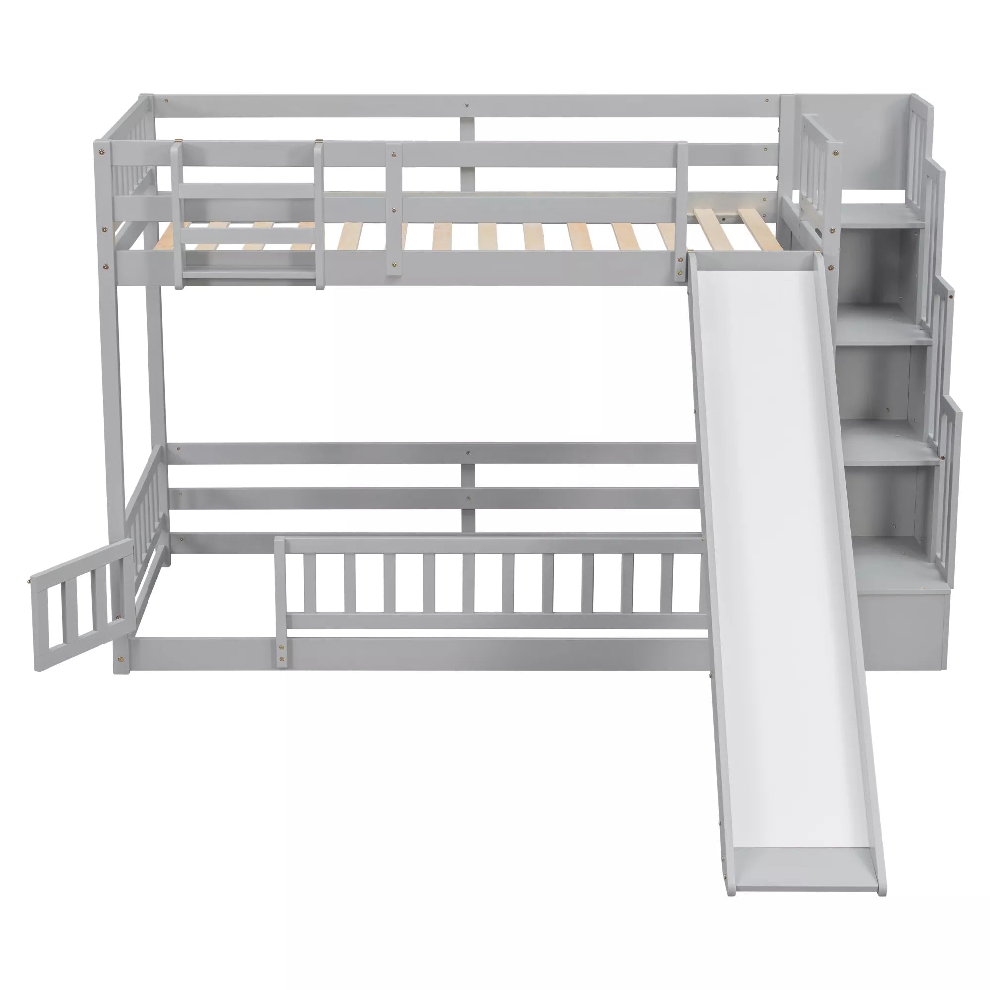 Gray twin over twin bunk bed with slide and storage stairs, showing the lower bunk guardrail gate