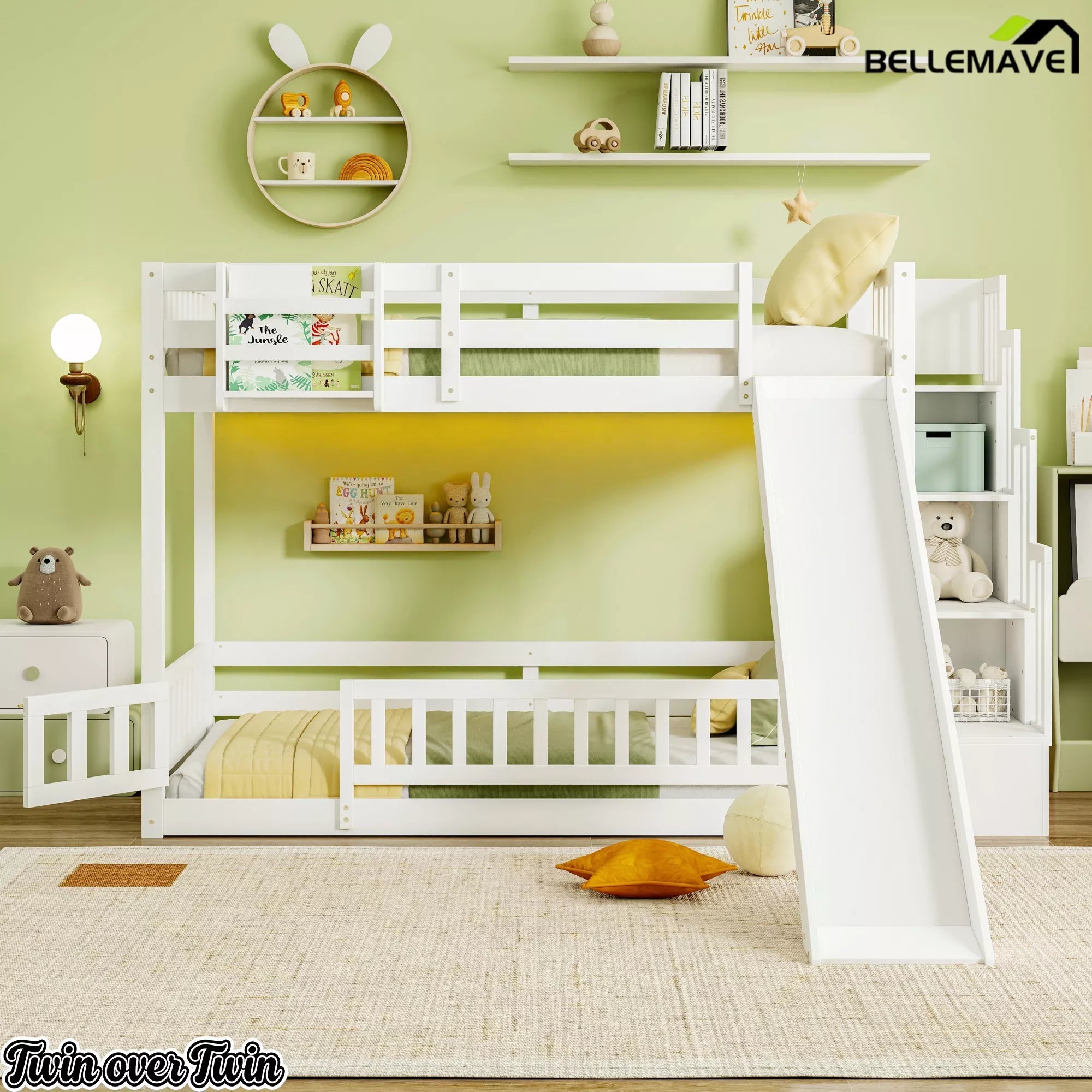 White twin over twin bunk bed with slide and storage staircase in a bright bedroom