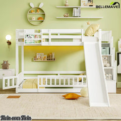 White twin over twin bunk bed with slide and storage staircase in a bright bedroom