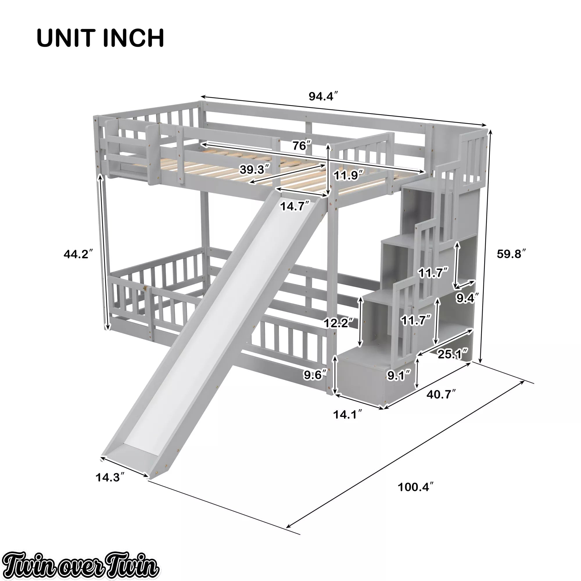 Twin over twin bunk bed dimensions and overall measurements diagram