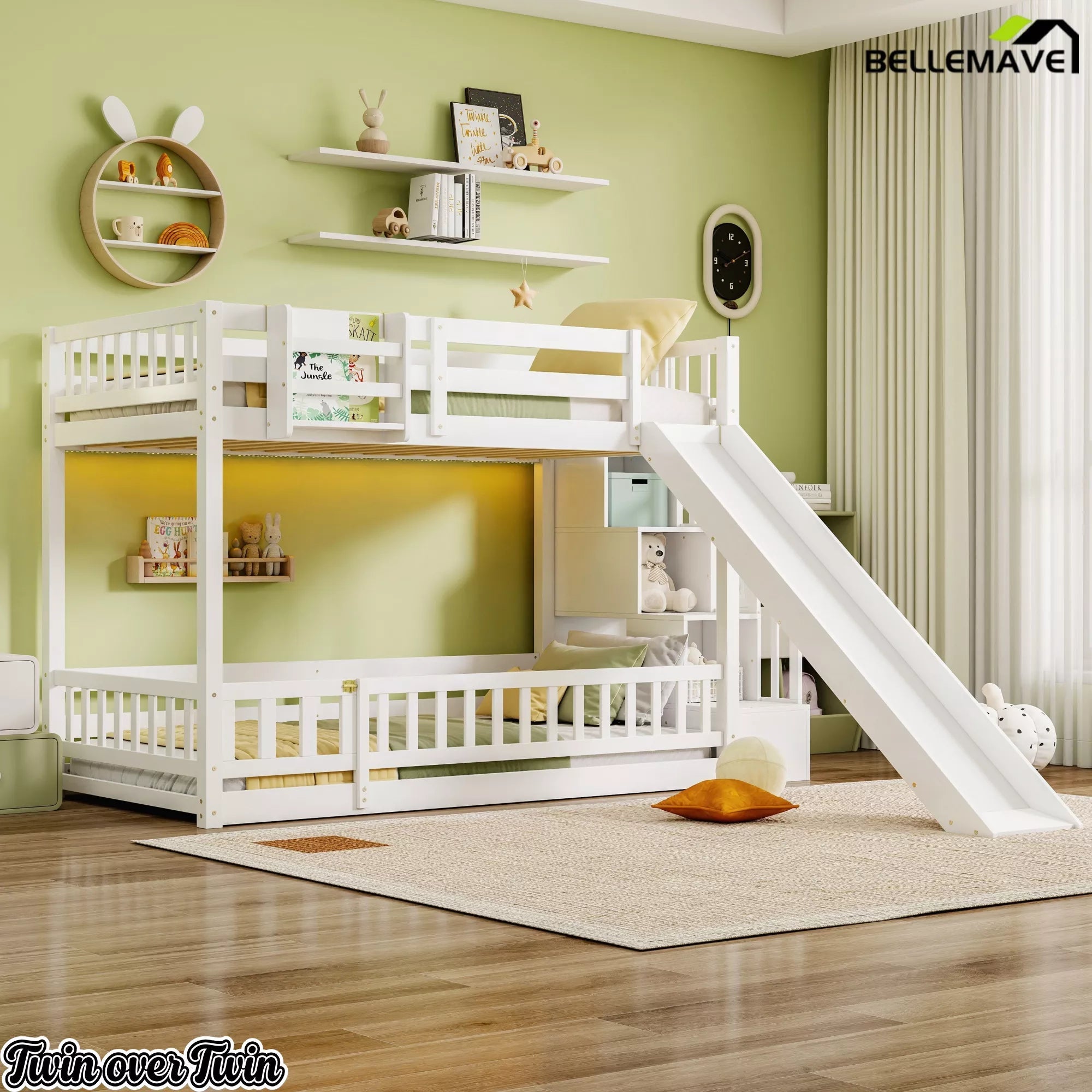 Front view of white twin over twin bunk bed with slide and storage stairs