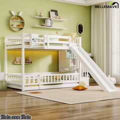 Front view of white twin over twin bunk bed with slide and storage stairs