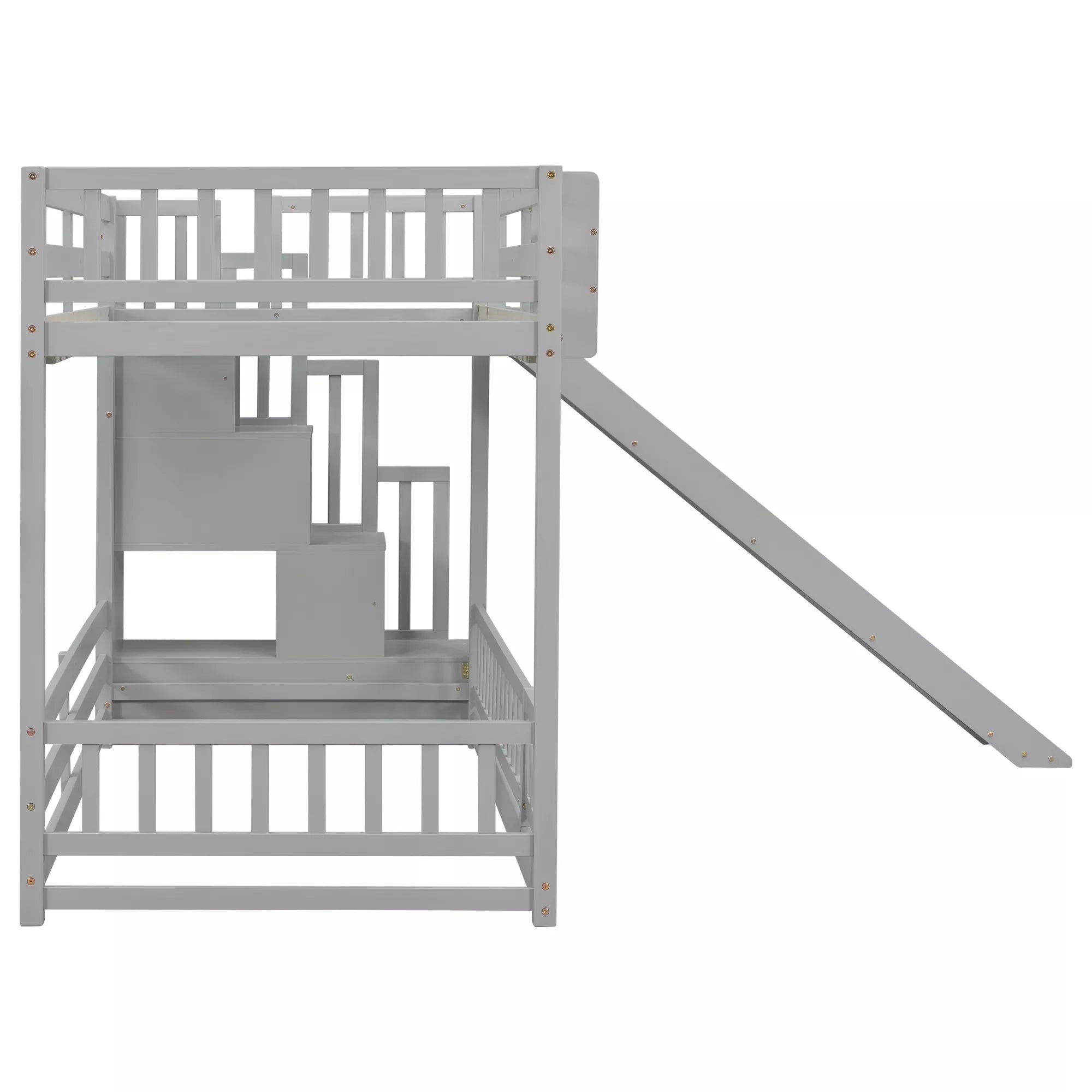 Side view of gray twin over twin bunk bed with slide and upper and lower guardrails