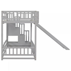 Side view of gray twin over twin bunk bed with slide and upper and lower guardrails