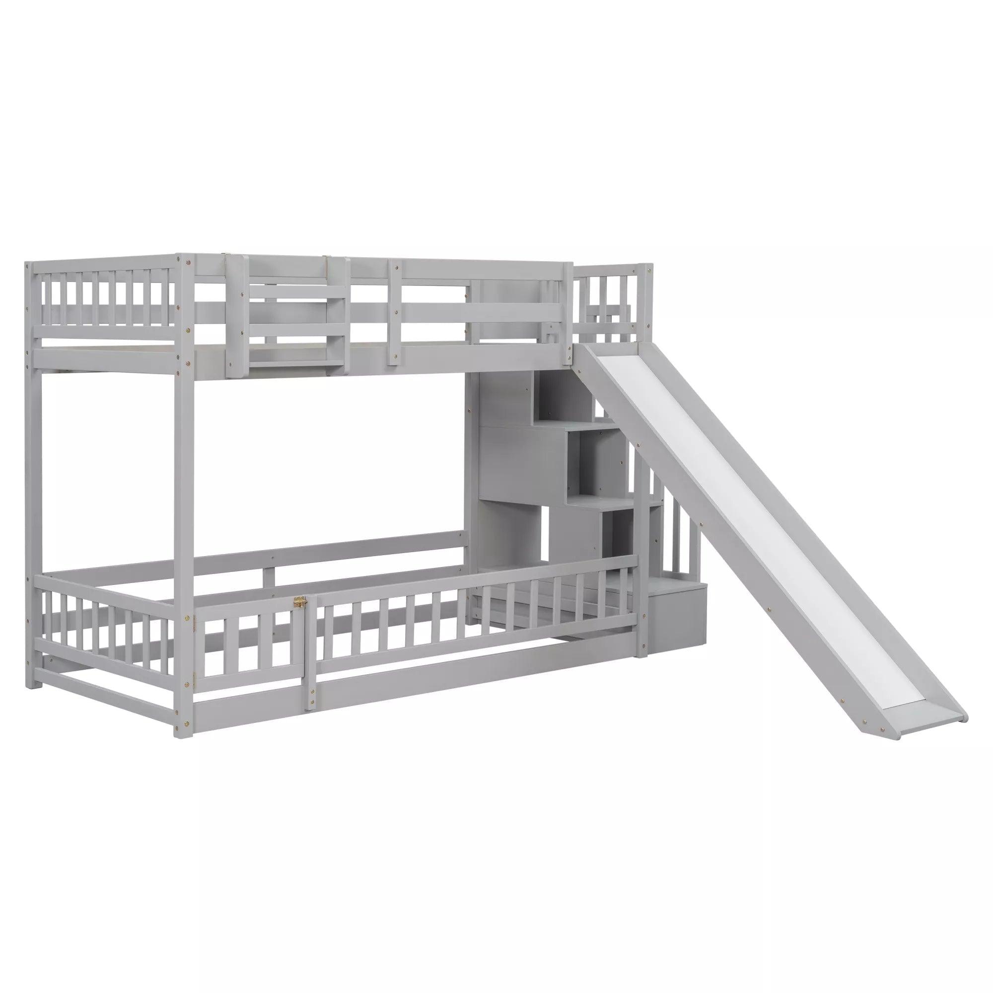 Side view of gray twin over twin bunk bed with attached slide and storage staircase