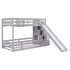 Side view of gray twin over twin bunk bed with attached slide and storage staircase