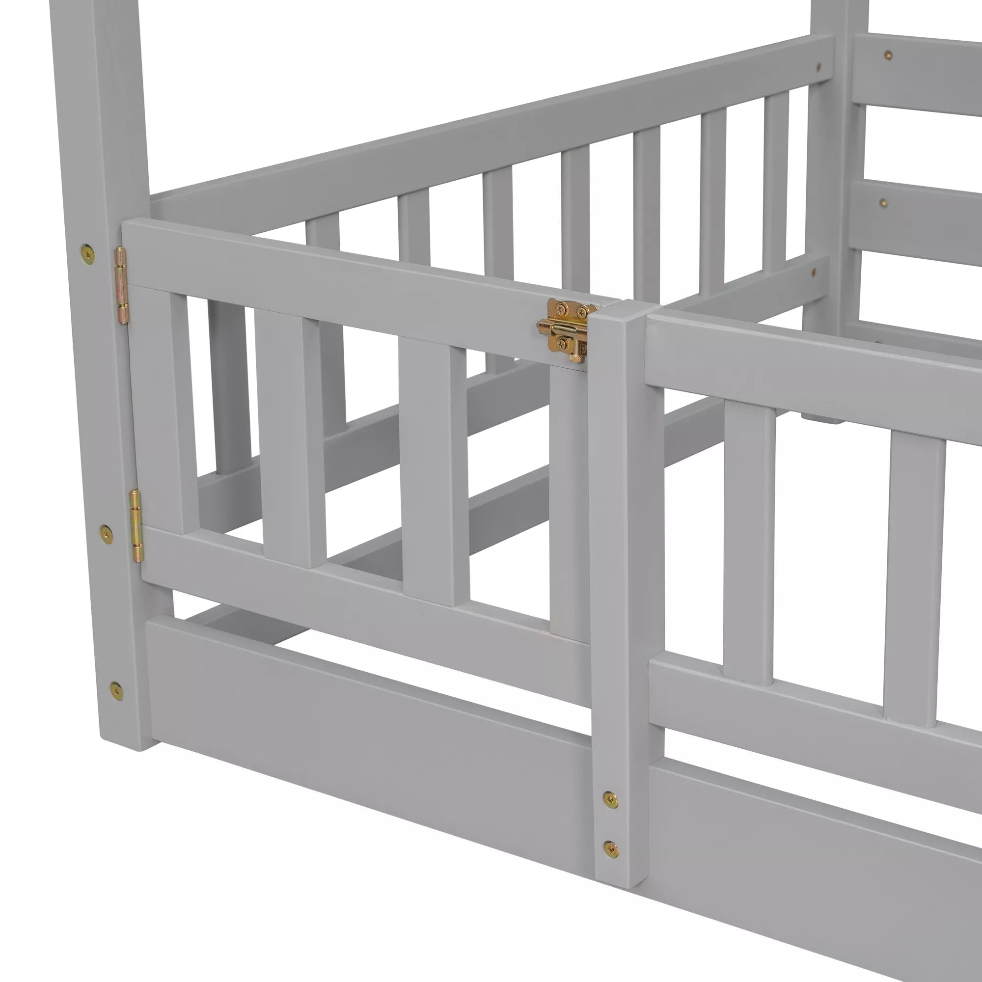 Close-up of the guardrail connection hardware on a gray twin over twin bunk bed