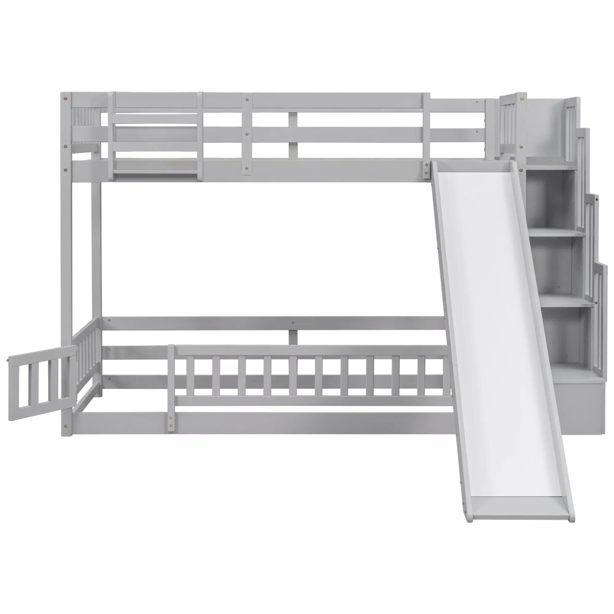 Gray twin over twin bunk bed with slide and storage staircase, front view