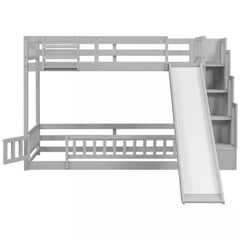 Gray twin over twin bunk bed with slide and storage staircase, front view