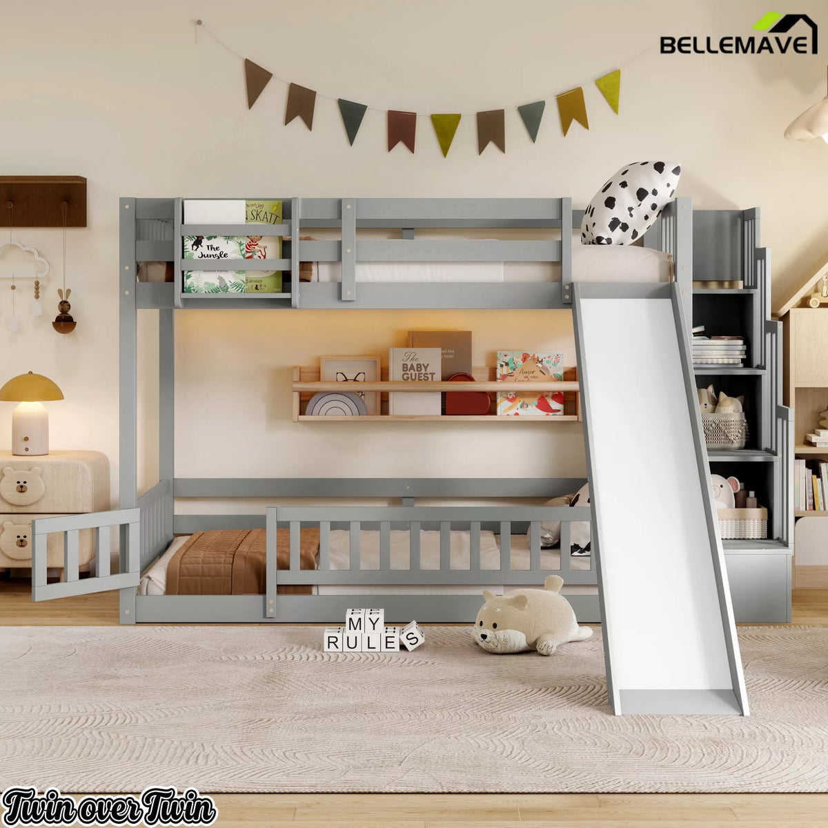 Front view of gray twin over twin bunk bed with slide and storage shelves