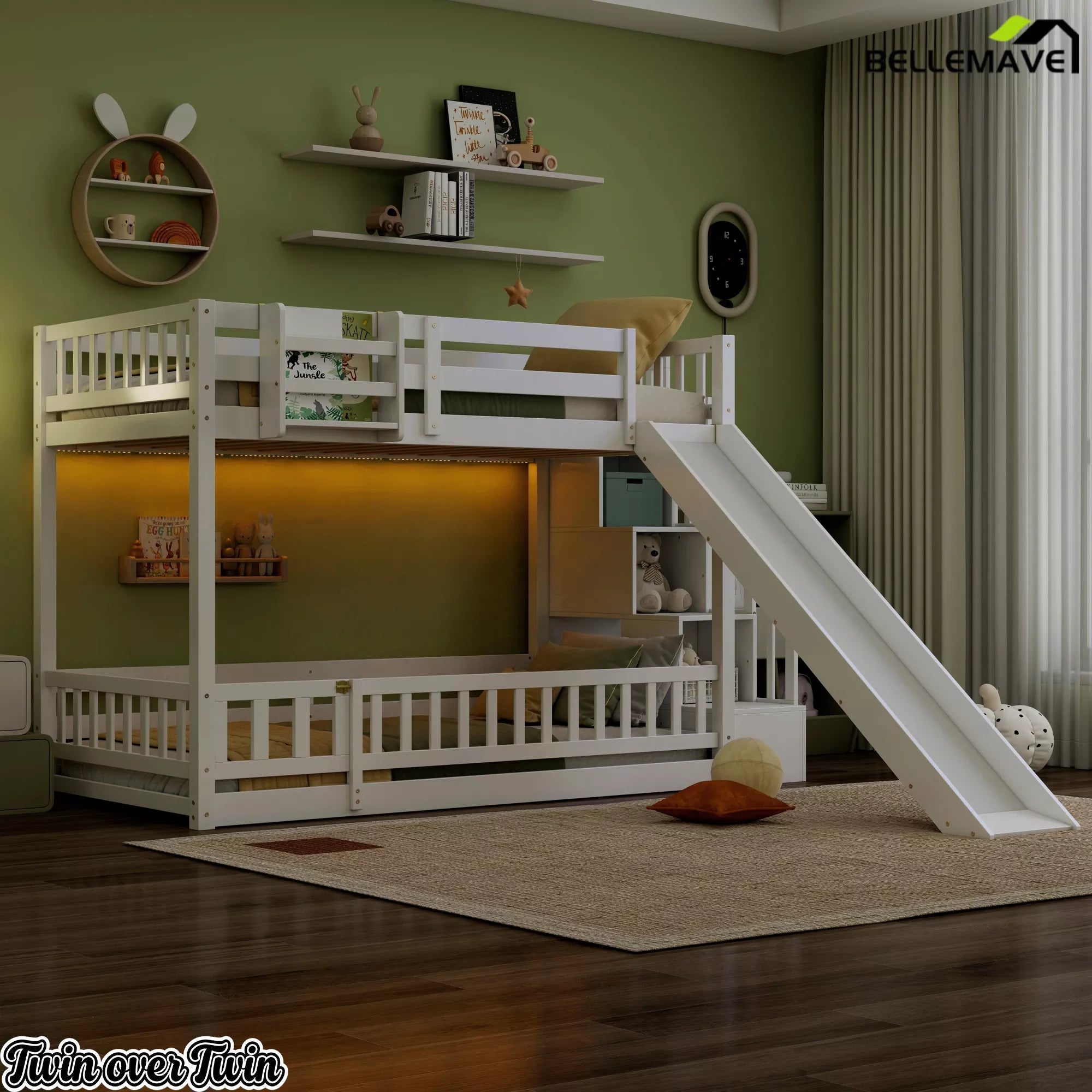White twin over twin bunk bed with slide in a dimly lit bedroom