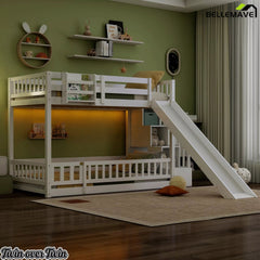 White twin over twin bunk bed with slide in a dimly lit bedroom