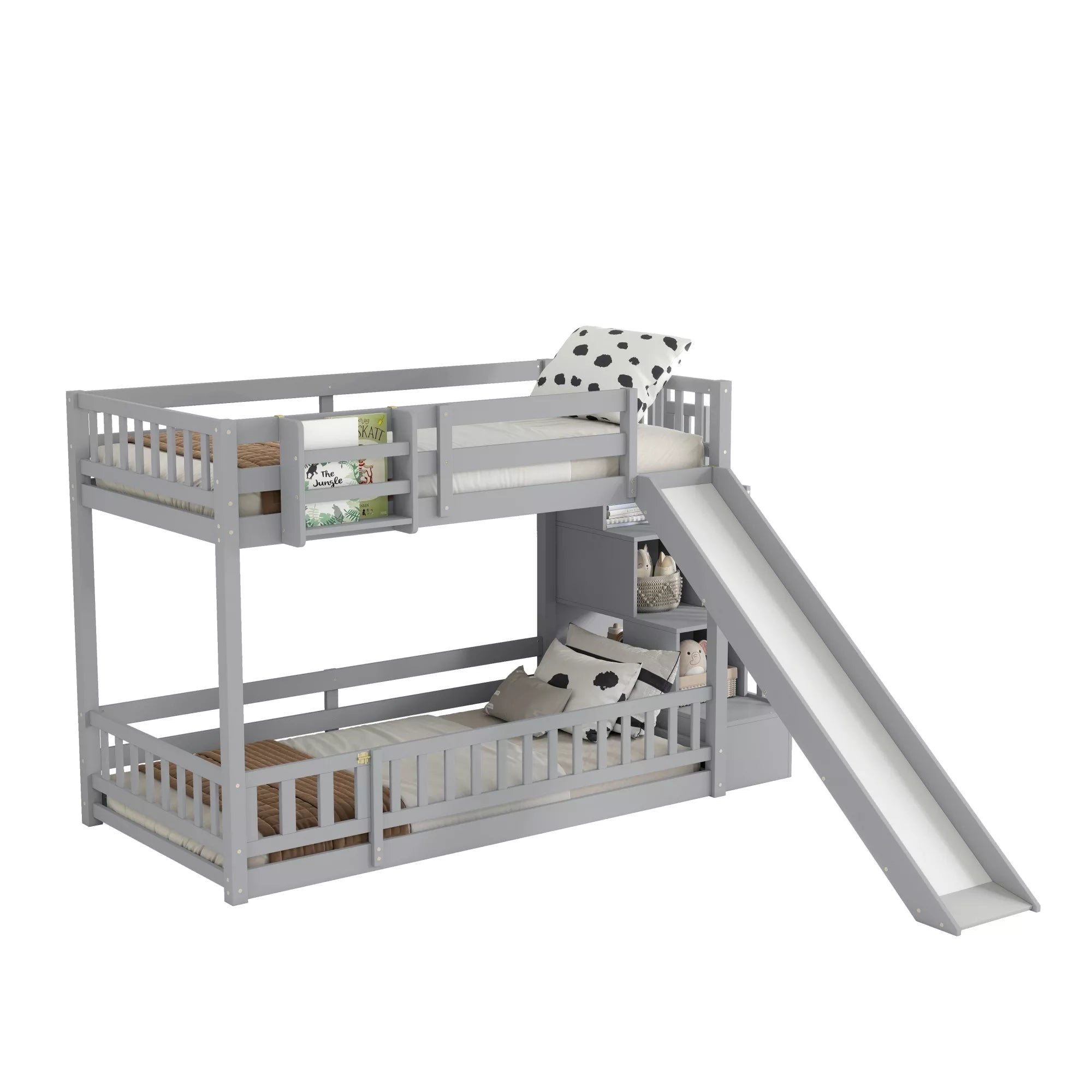 Gray twin over twin bunk bed with slide and storage staircase