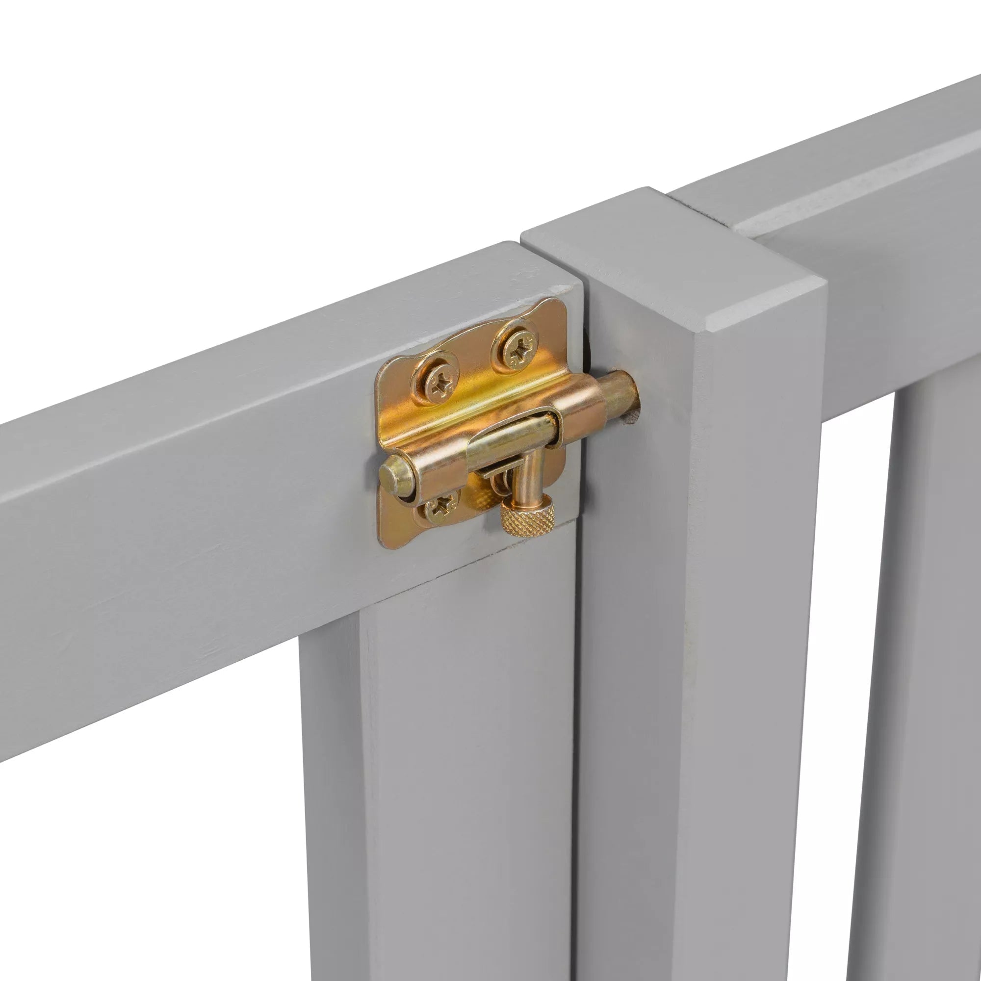 Close-up of metal latch hardware connecting the guardrail and post on a gray bunk bed