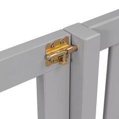 Close-up of metal latch hardware connecting the guardrail and post on a gray bunk bed