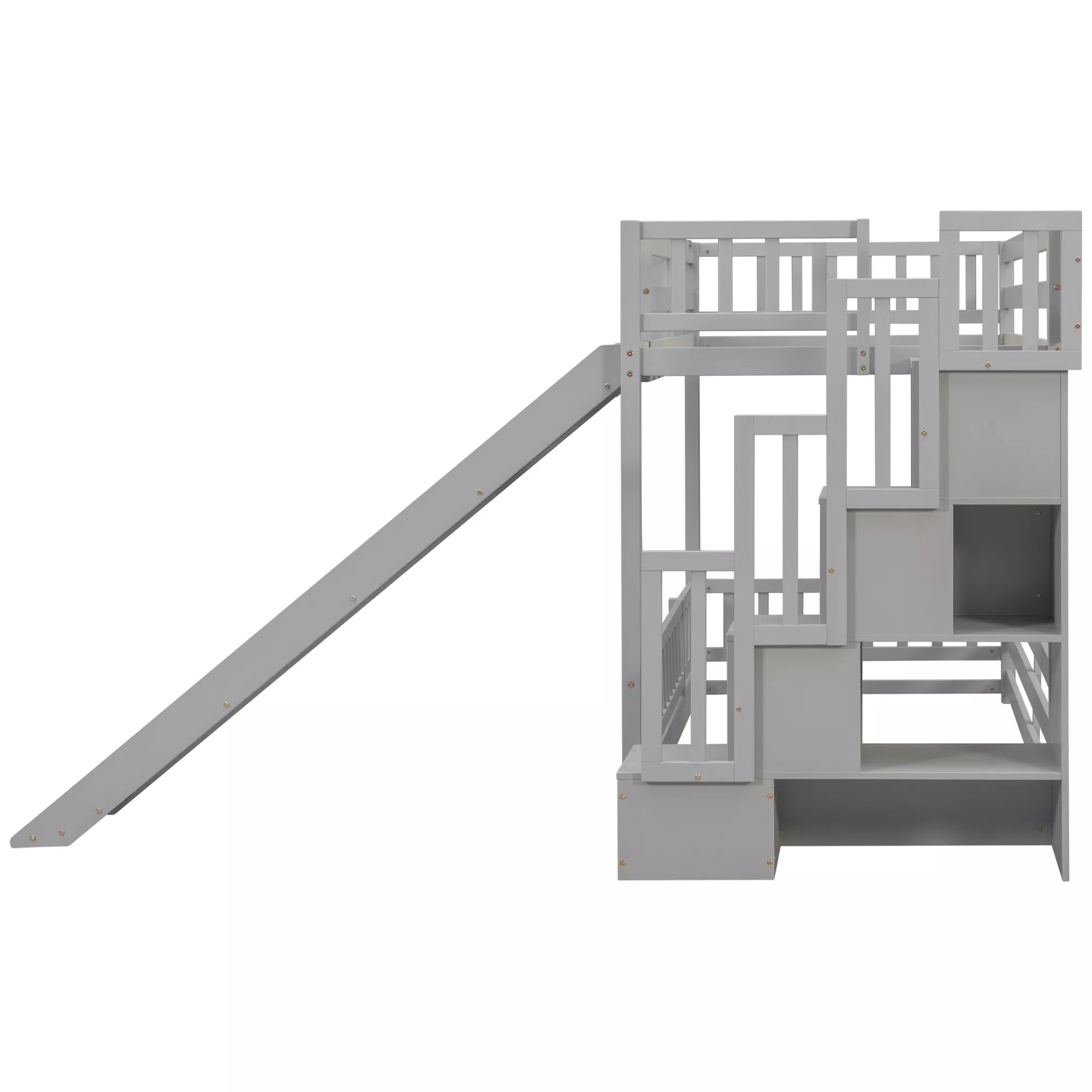 Side end view of gray twin over twin bunk bed with attached slide and storage stairs