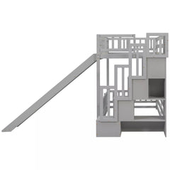 Side end view of gray twin over twin bunk bed with attached slide and storage stairs