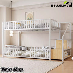 Bellemave® Twin Over Twin Bunk Bed with Stairs, Metal Floor Bunk Bed with Storage Ladder & Safety Guardrails, Low Bunk Bed for Kids & Teens - Bellemave