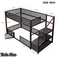 Bellemave® Twin Over Twin Bunk Bed with Stairs, Metal Floor Bunk Bed with Storage Ladder & Safety Guardrails, Low Bunk Bed for Kids & Teens - Bellemave