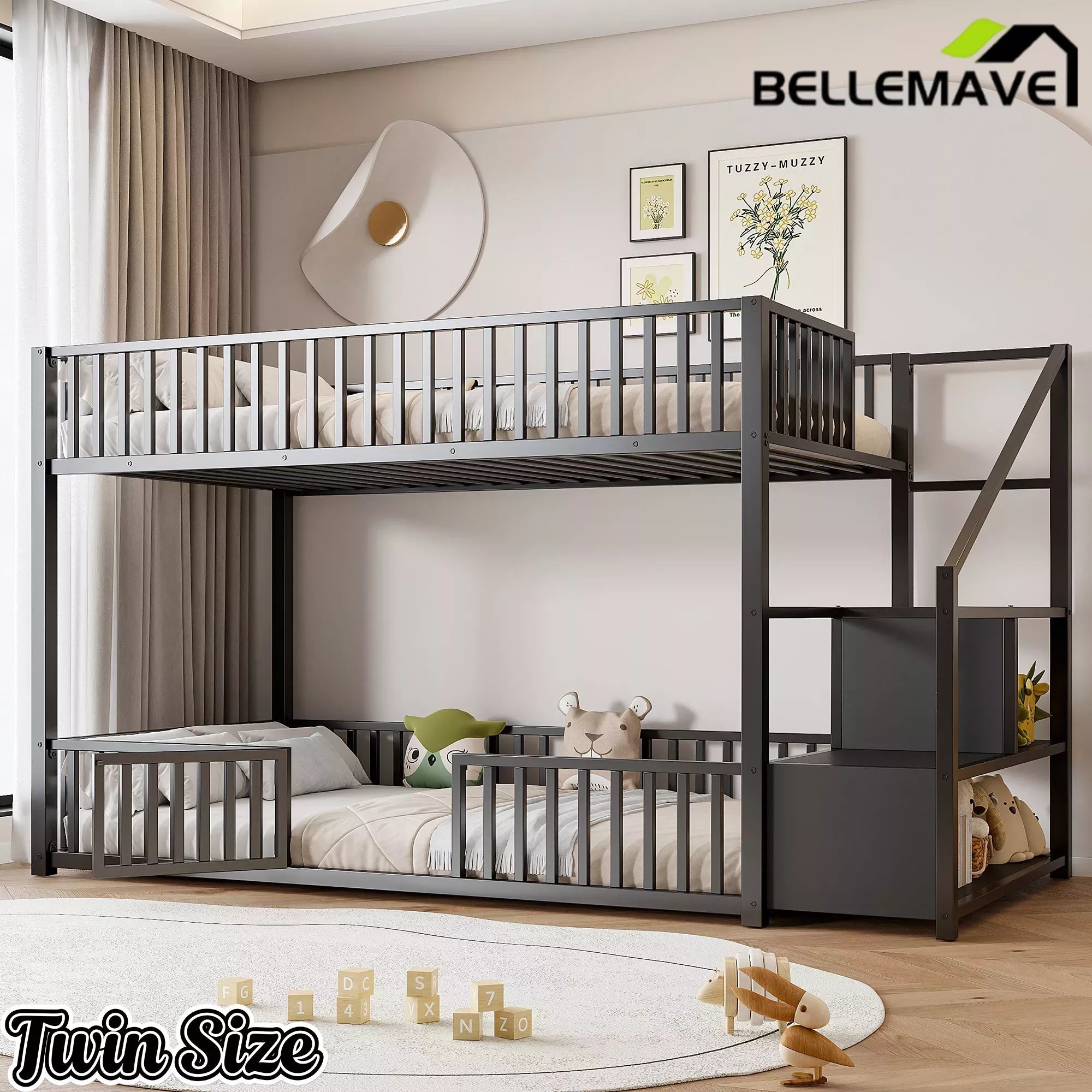 Bellemave® Twin Over Twin Bunk Bed with Stairs, Metal Floor Bunk Bed with Storage Ladder & Safety Guardrails, Low Bunk Bed for Kids & Teens - Bellemave