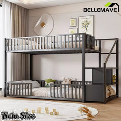 Bellemave® Twin Over Twin Bunk Bed with Stairs, Metal Floor Bunk Bed with Storage Ladder & Safety Guardrails, Low Bunk Bed for Kids & Teens - Bellemave