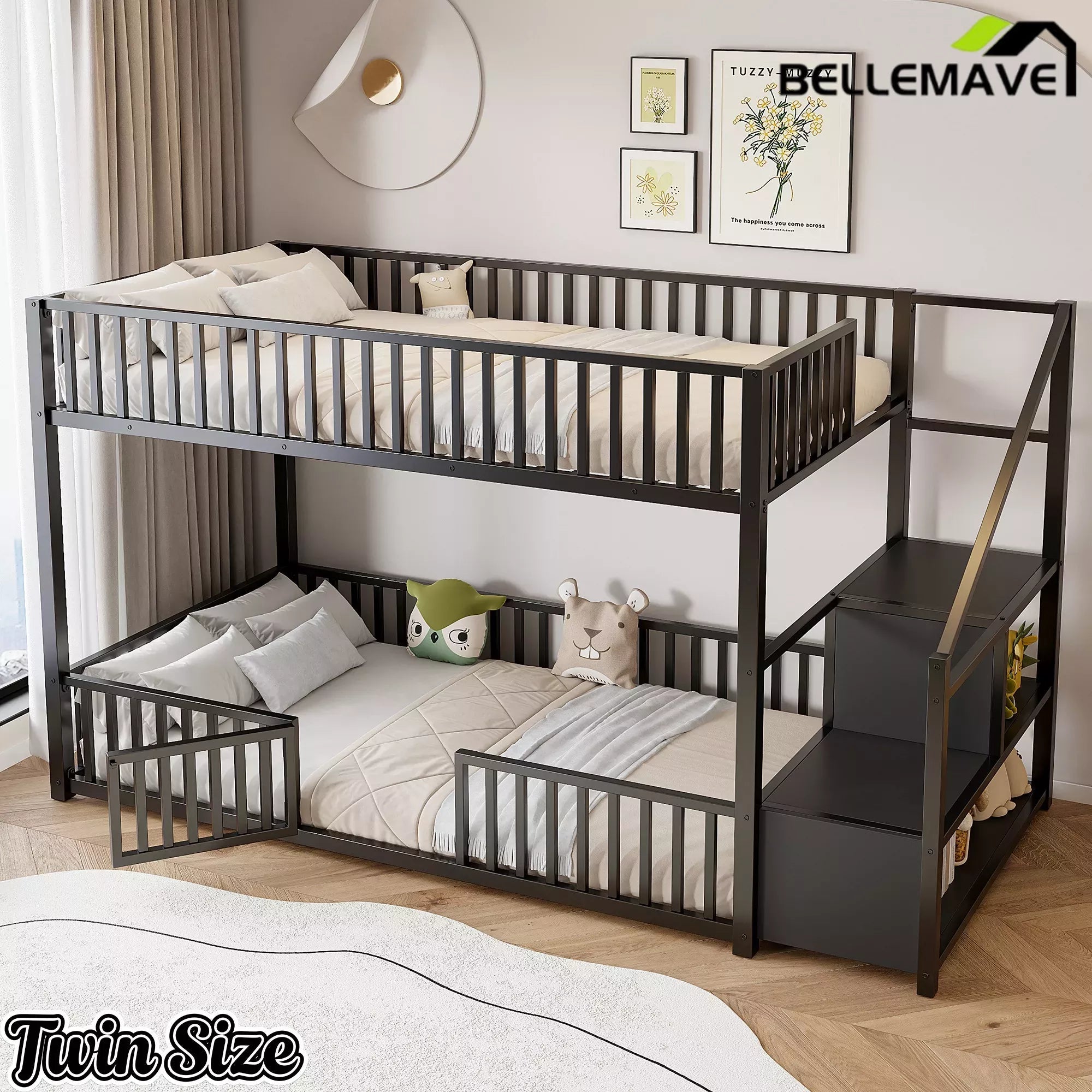 Bellemave® Twin Over Twin Bunk Bed with Stairs, Metal Floor Bunk Bed with Storage Ladder & Safety Guardrails, Low Bunk Bed for Kids & Teens - Bellemave