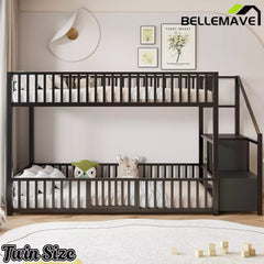 Bellemave® Twin Over Twin Bunk Bed with Stairs, Metal Floor Bunk Bed with Storage Ladder & Safety Guardrails, Low Bunk Bed for Kids & Teens - Bellemave