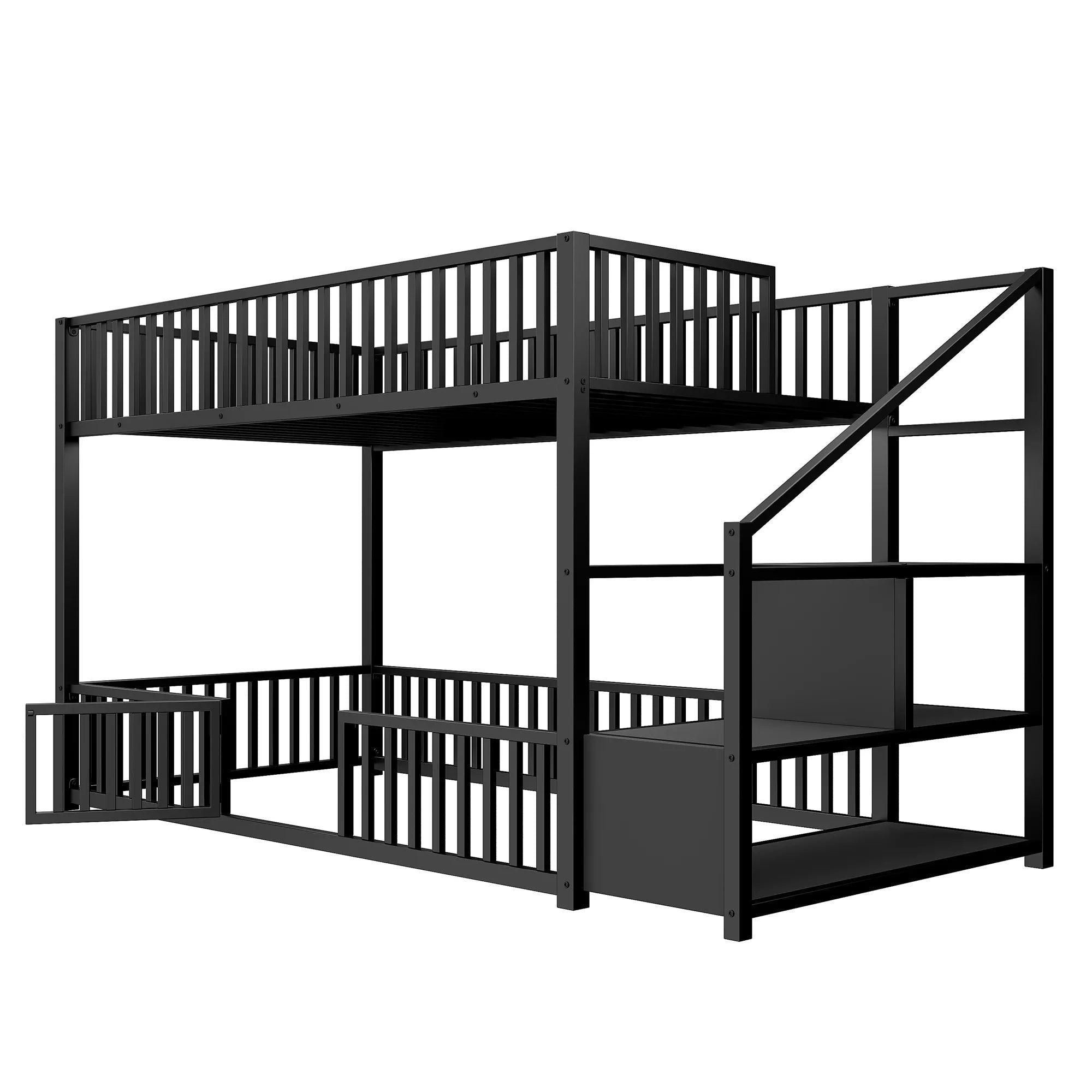 Bellemave® Twin Over Twin Bunk Bed with Stairs, Metal Floor Bunk Bed with Storage Ladder & Safety Guardrails, Low Bunk Bed for Kids & Teens - Bellemave
