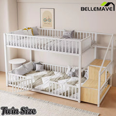Bellemave® Twin Over Twin Bunk Bed with Stairs, Metal Floor Bunk Bed with Storage Ladder & Safety Guardrails, Low Bunk Bed for Kids & Teens - Bellemave