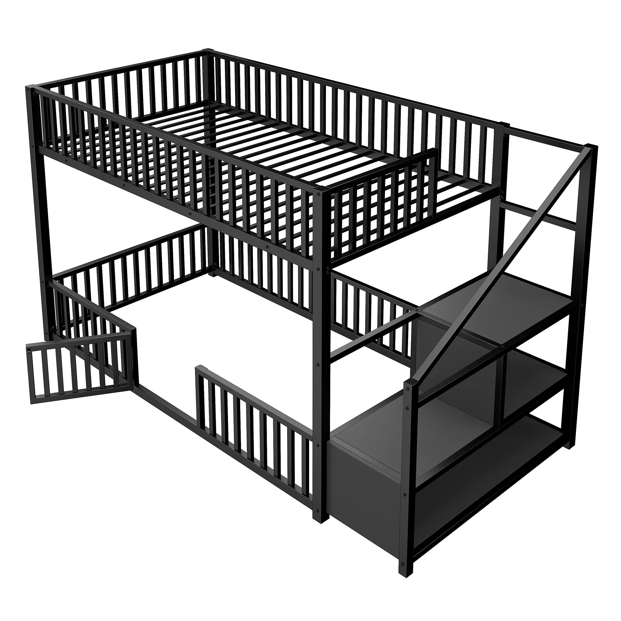 Bellemave® Twin Over Twin Bunk Bed with Stairs, Metal Floor Bunk Bed with Storage Ladder & Safety Guardrails, Low Bunk Bed for Kids & Teens - Bellemave