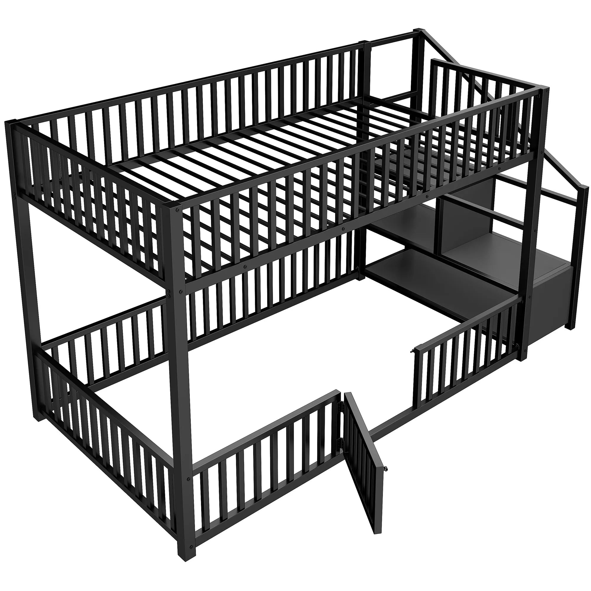 Bellemave® Twin Over Twin Bunk Bed with Stairs, Metal Floor Bunk Bed with Storage Ladder & Safety Guardrails, Low Bunk Bed for Kids & Teens - Bellemave