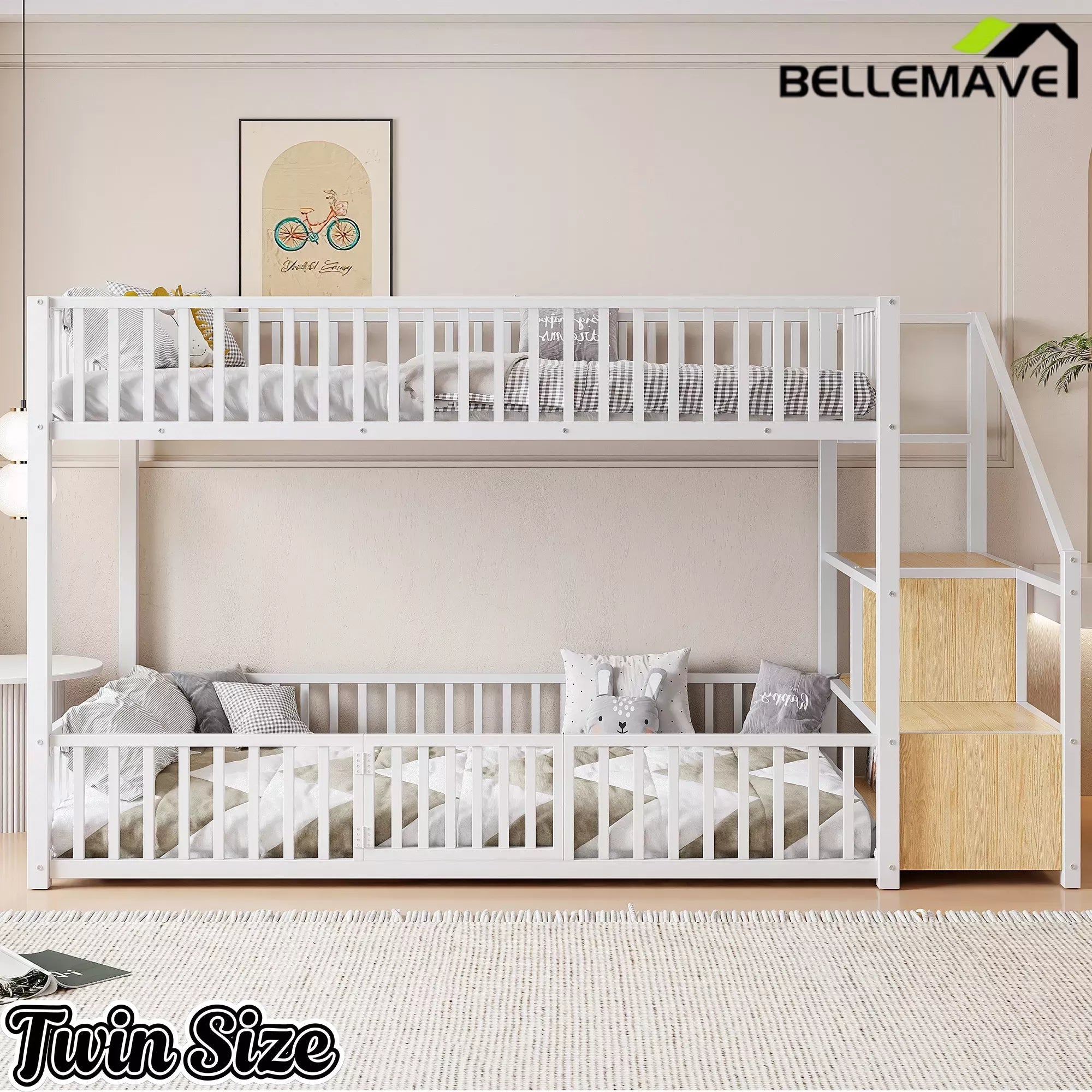 Bellemave® Twin Over Twin Bunk Bed with Stairs, Metal Floor Bunk Bed with Storage Ladder & Safety Guardrails, Low Bunk Bed for Kids & Teens - Bellemave