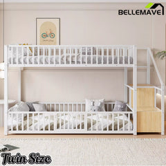 Bellemave® Twin Over Twin Bunk Bed with Stairs, Metal Floor Bunk Bed with Storage Ladder & Safety Guardrails, Low Bunk Bed for Kids & Teens - Bellemave