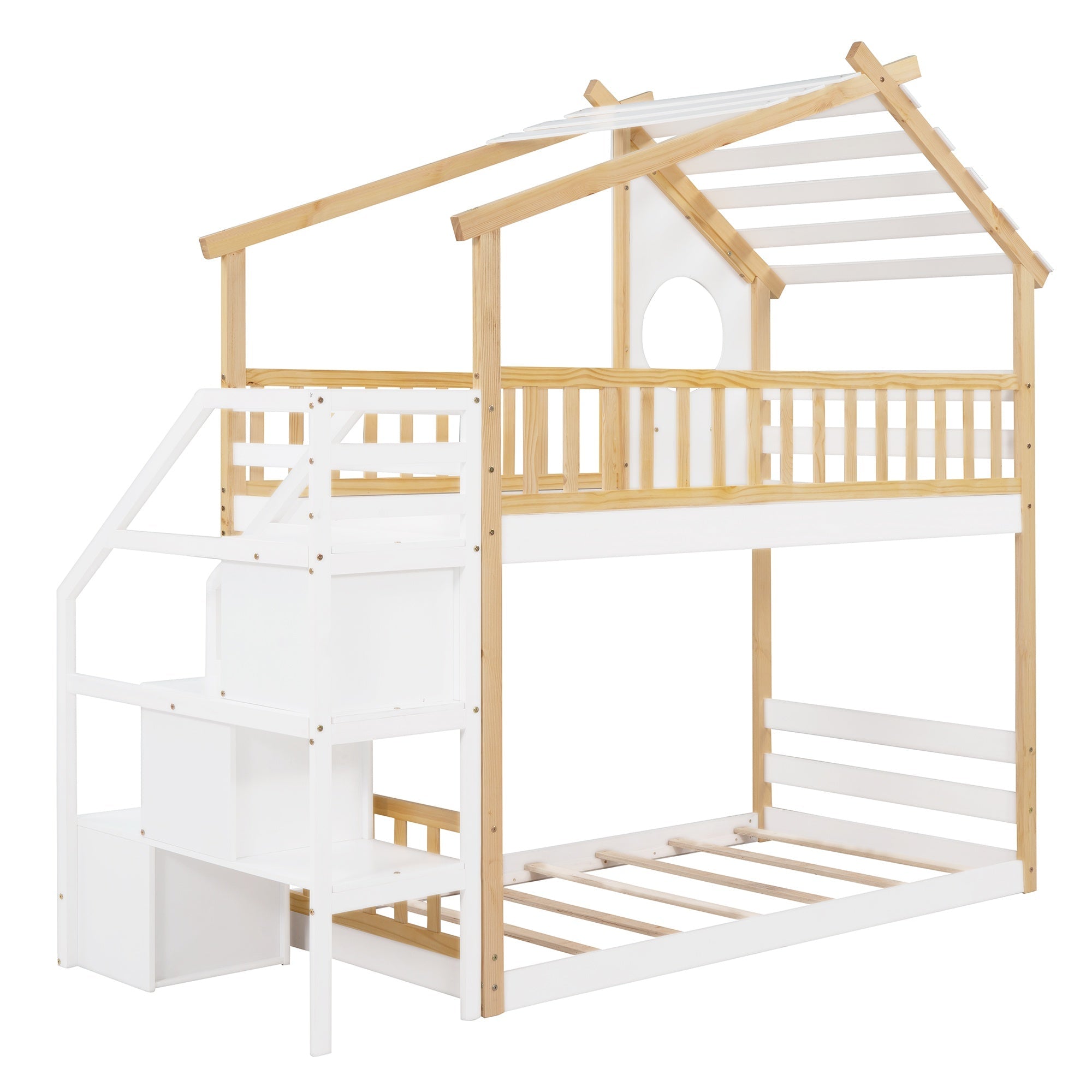 Bellemave® Twin Over Twin Bunk Bed with Stairs, Stairway House Bunk Bed Frame with Storage & Guard Rail - Bellemave