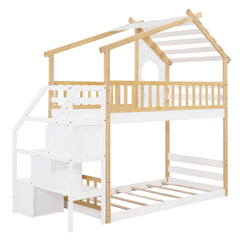 Bellemave® Twin Over Twin Bunk Bed with Stairs, Stairway House Bunk Bed Frame with Storage & Guard Rail - Bellemave